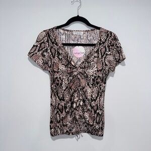 NEW FULL CIRCLE TRENDS Snakeskin Print Ruched Tie Front Short Sleeve‎ Top Large